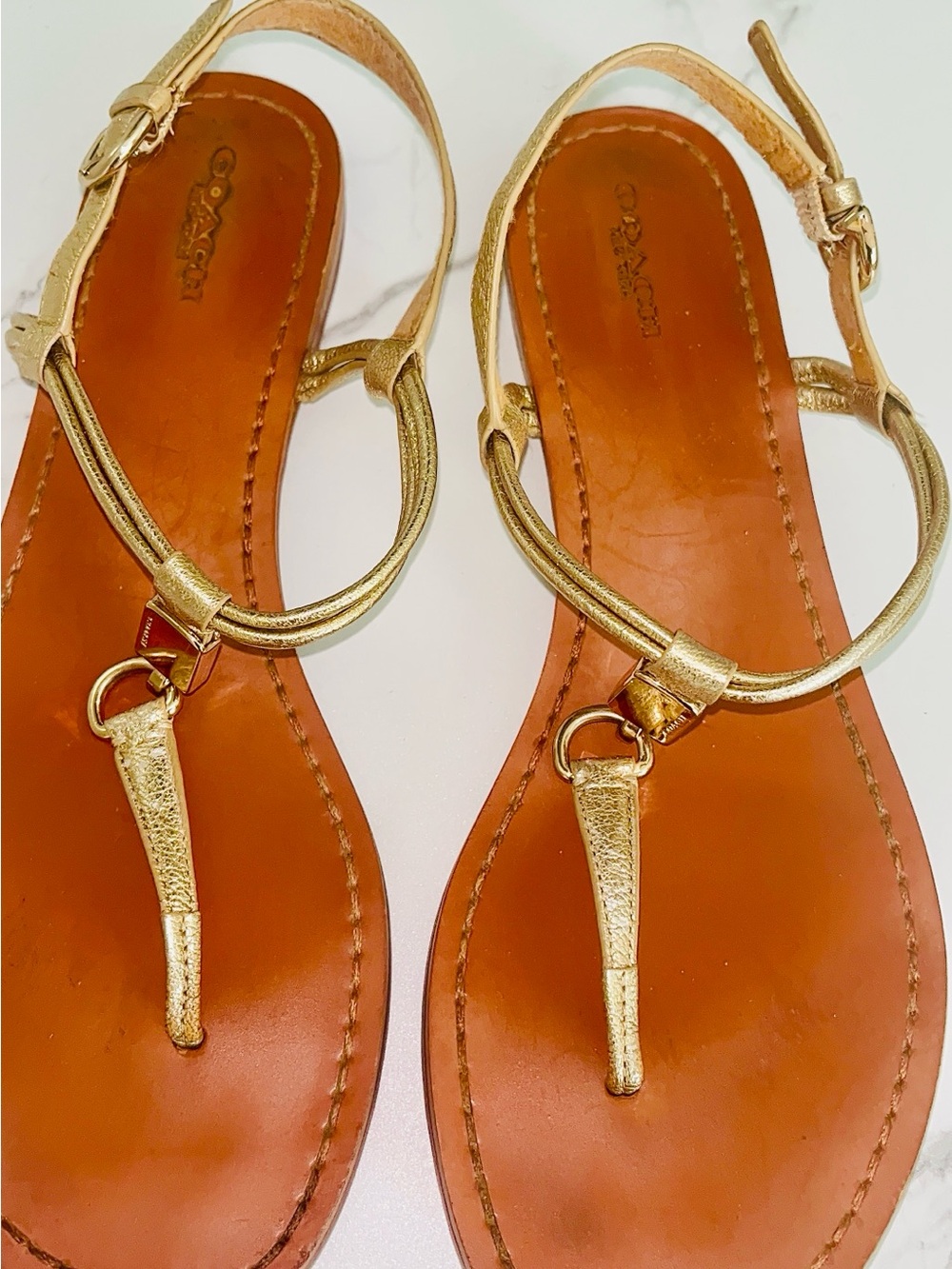 Coach Gold Leather T-Strap Sandals with Brown Footbed - Picture 6 of 9